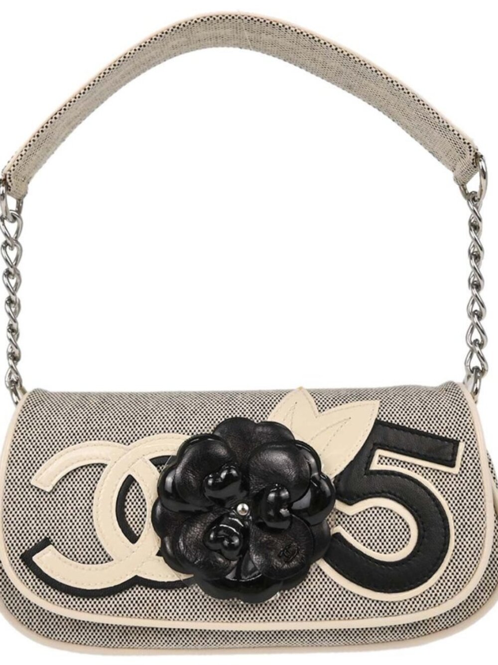 Chanel Black White Canvas Camellia No.5 CC Handbag 198045
